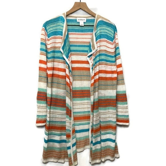 Peck & Peck Sweaters - Womens Linen Blend Longline Striped Waterfall Cardigan Sweater Size Large Beachy